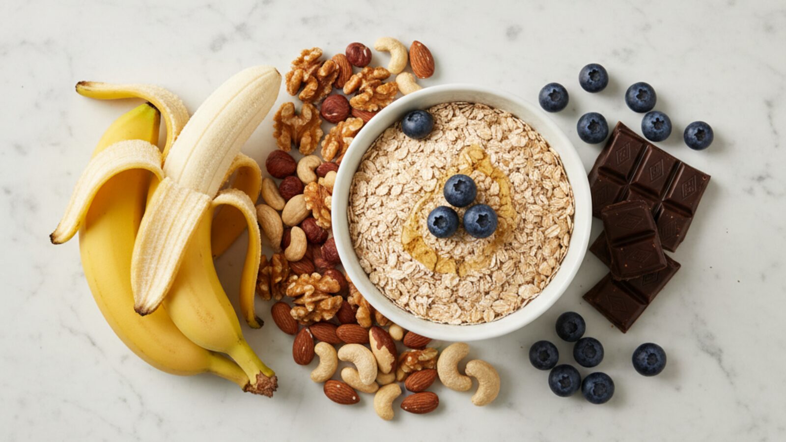 Assortment of natural energy boosting foods including oats, bananas, nuts and dark chocolate