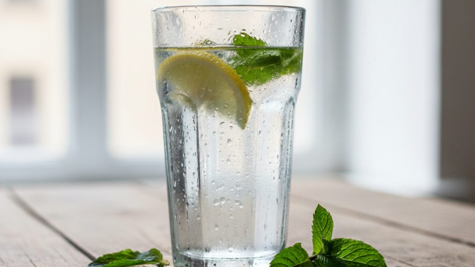 Glass of water with lemon and mint on a wooden table