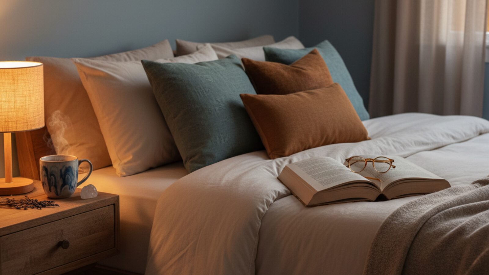 Warm-lit cozy bedroom evening scene with a book and tea