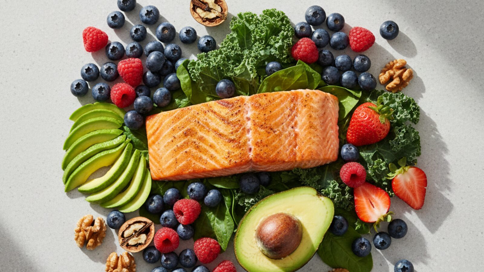 Colorful skin-friendly foods including salmon, berries, avocado and leafy greens