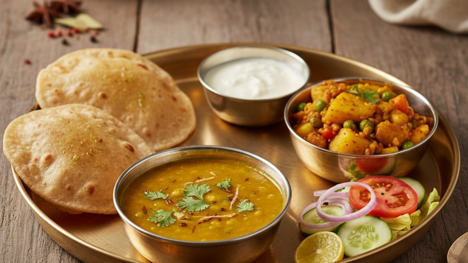 Balanced Indian thali with dal, sabzi, roti, salad and curd for fat loss