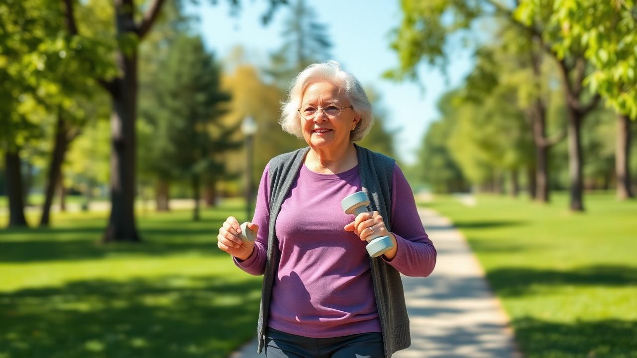 Older woman walking and lifting light weights demonstrating bone health and osteoporosis prevention