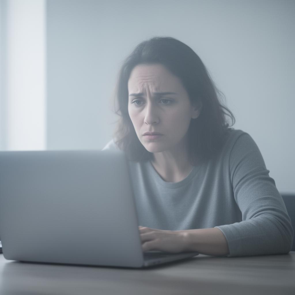 Woman experiencing mental fatigue and brain fog while staring at a laptop screen, soft hazy lighting conveying cognitive exhaustion and lack of focus