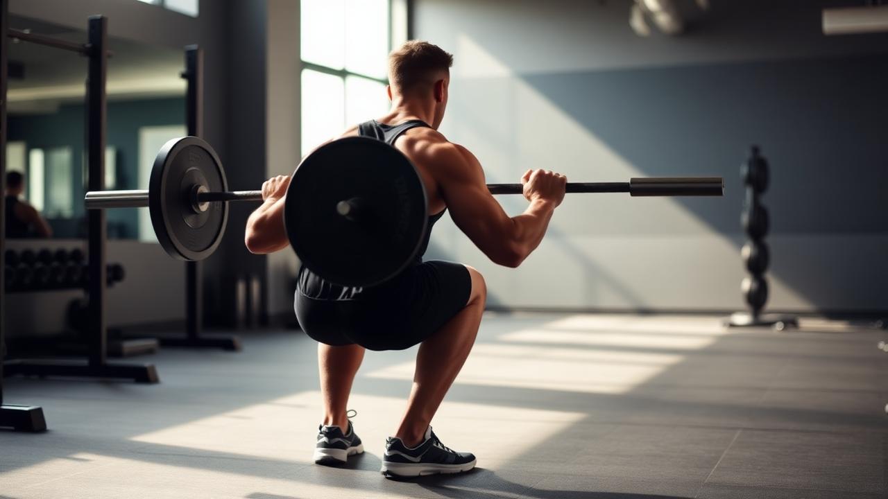 Adult performing a barbell squat in a gym demonstrating compound functional strength