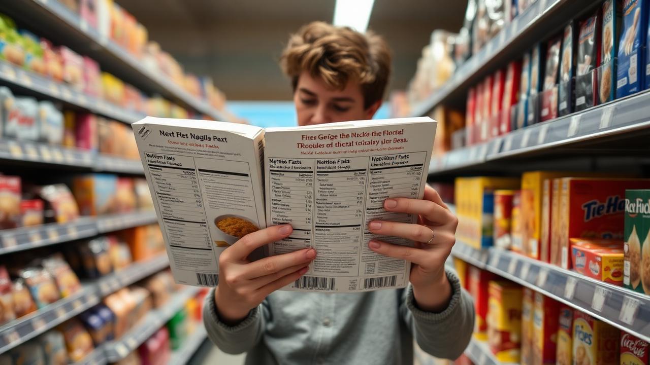 Person reading a food label in a grocery store comparing ingredient lists and nutrition facts