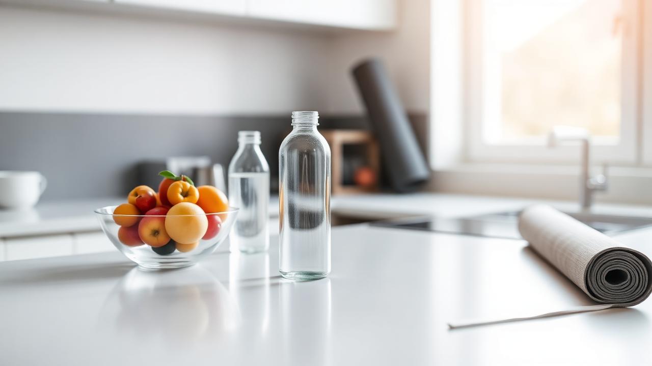 Organised kitchen with fresh fruit water bottle and workout mat representing an environment designed for healthy habits