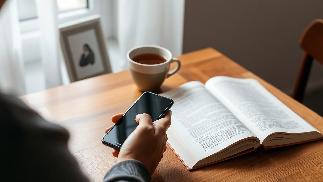 Person putting away a phone and reading a book outdoors representing a calm digital detox