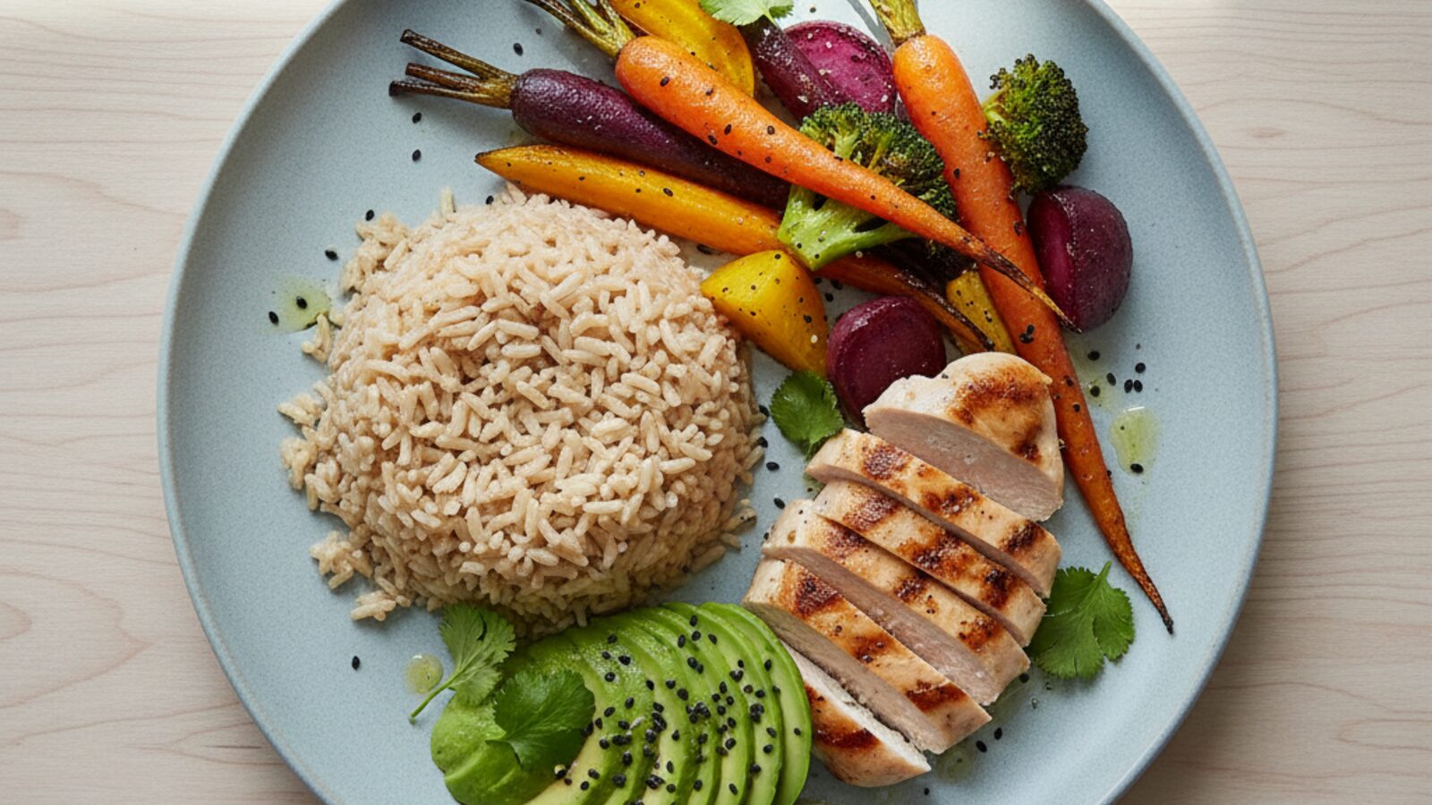 Colorful balanced plate with vegetables, grains and lean protein for healthy eating beginners