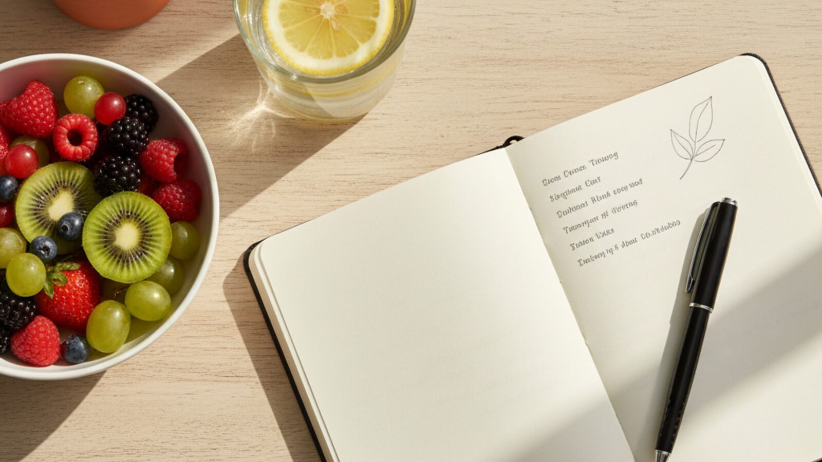 Calm morning lifestyle scene with journal, fruit, and water