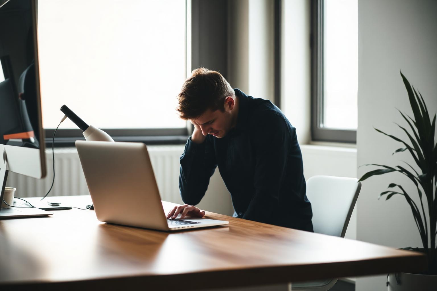 Hunched office worker sitting at a wooden desk staring at a laptop in soft natural window light, illustrating poor posture and the hidden health effects of sitting too much