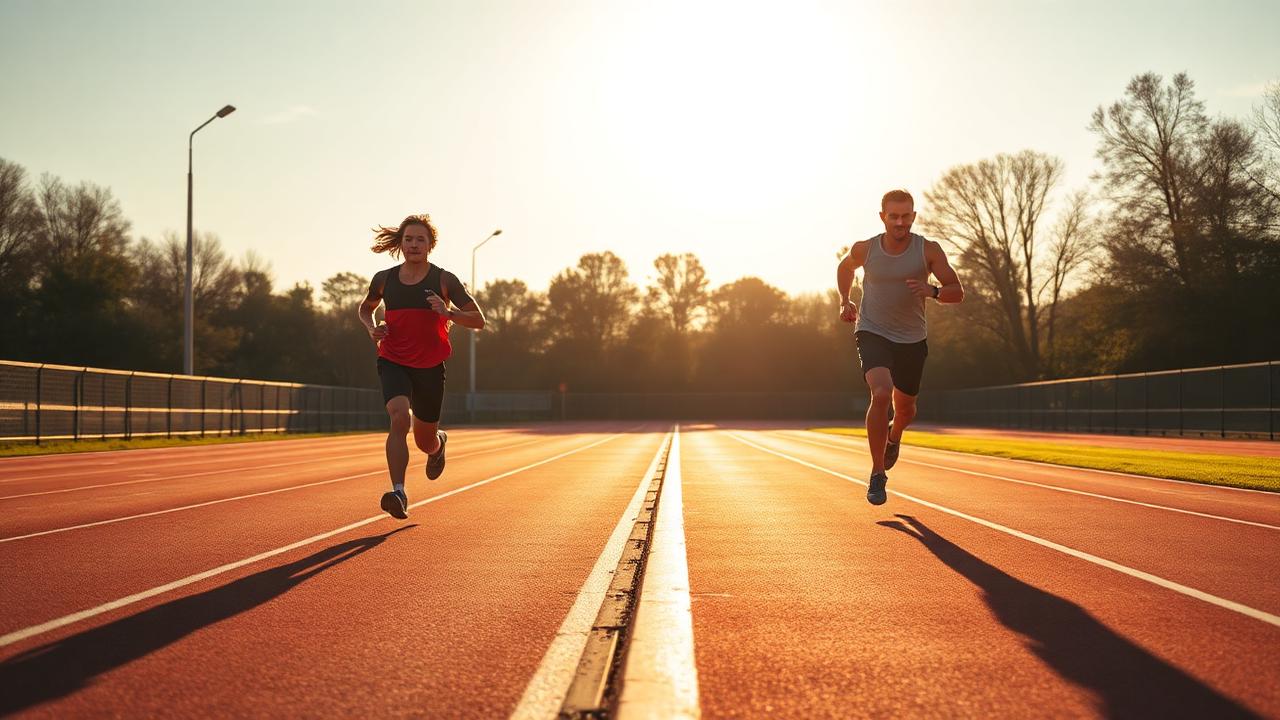 Runner on a track and another performing high-intensity interval sprints illustrating HIIT vs steady-state cardio