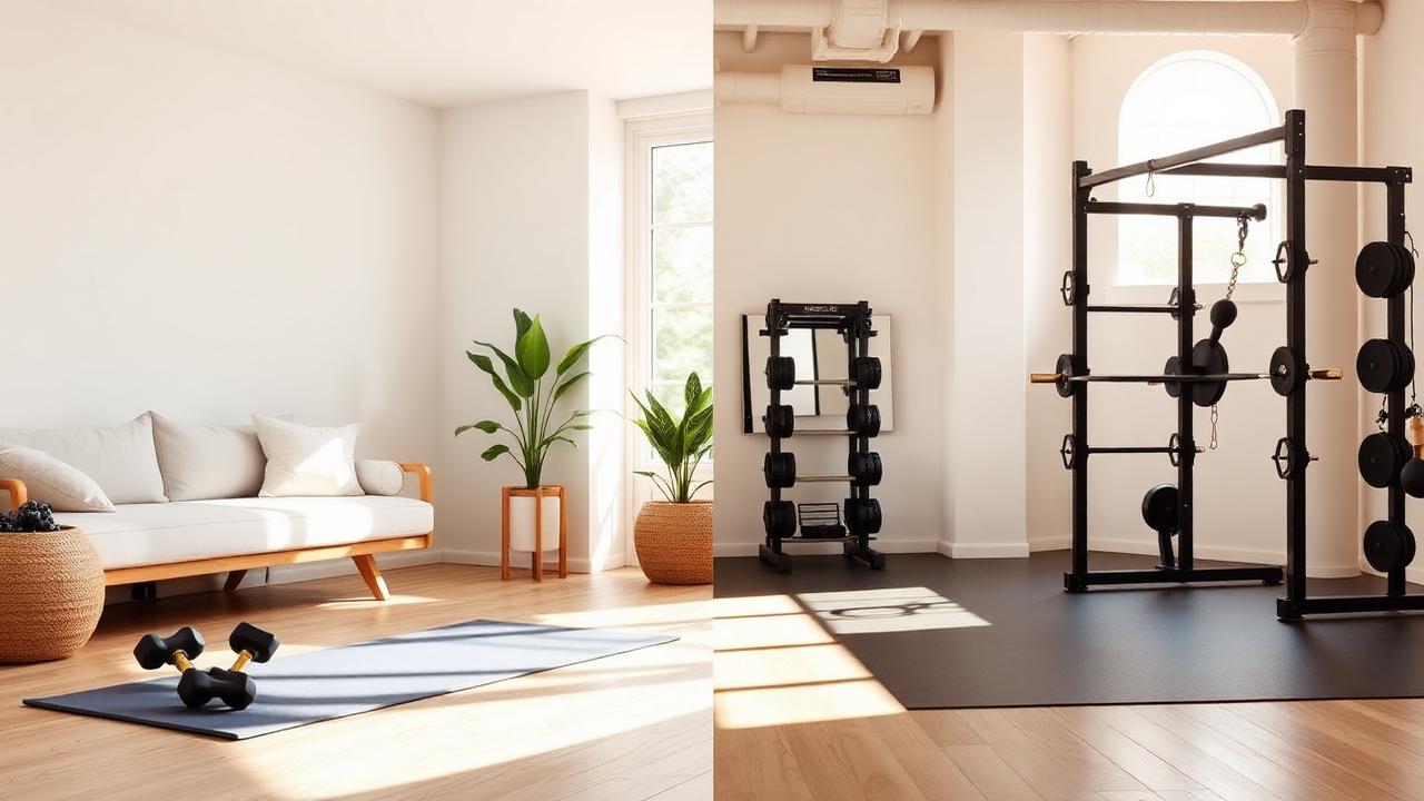 Split scene of a bright home workout space with yoga mat and dumbbells next to a modern gym with weight rack
