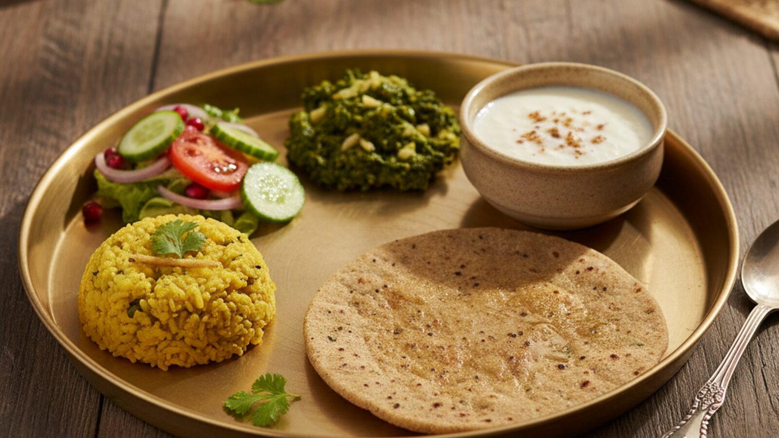 Indian thali with dal, roti, sabzi and salad designed for PCOS weight loss