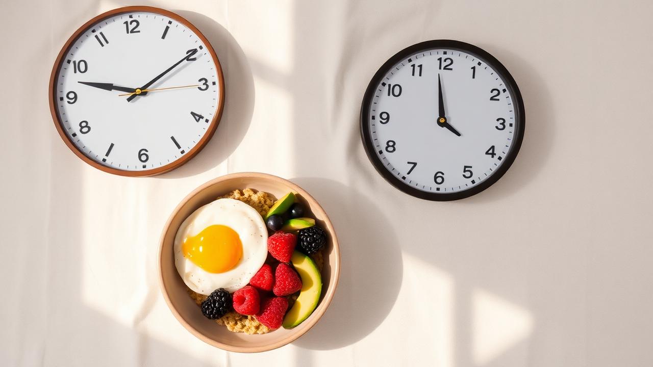 Clock and a healthy meal representing time-restricted eating and intermittent fasting