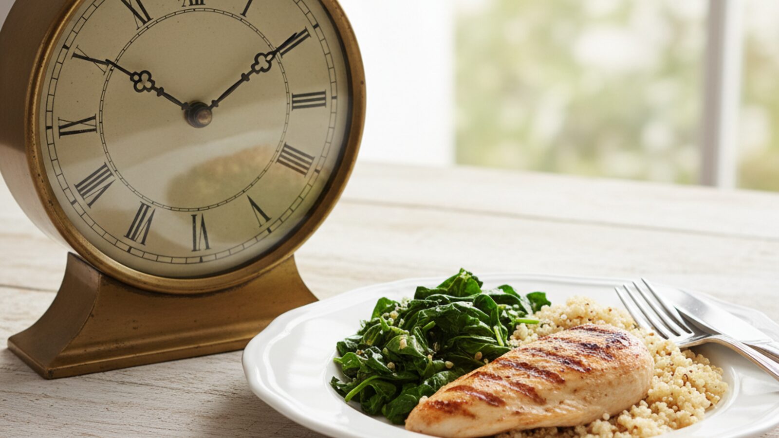 Clock face beside a plate of healthy food representing intermittent fasting