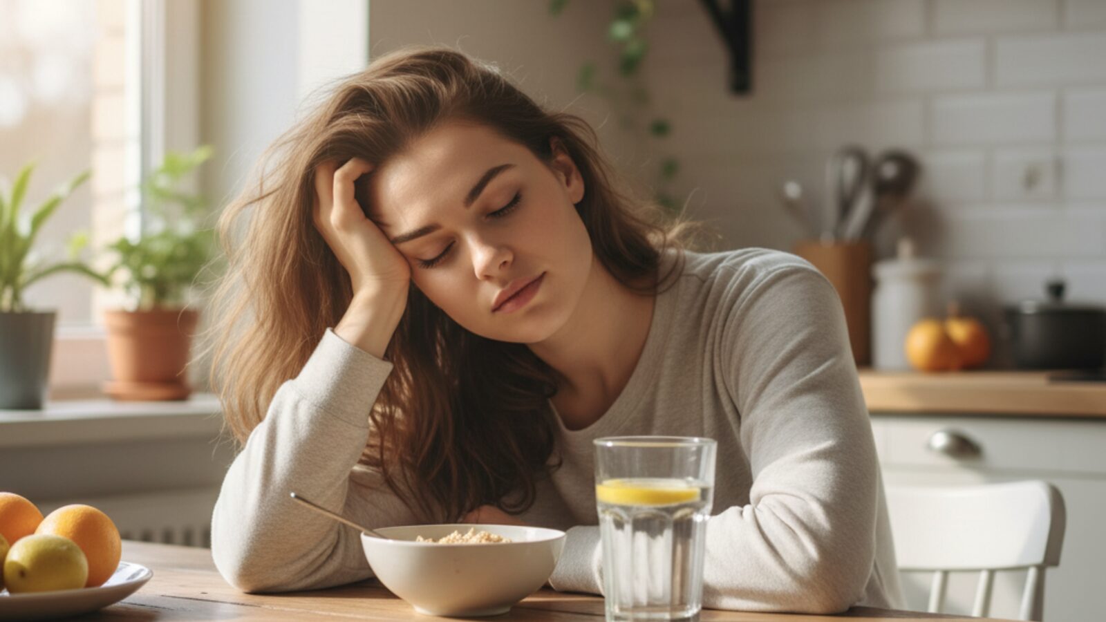 Tired woman holding her head, illustrating iron deficiency and anaemia symptoms in women