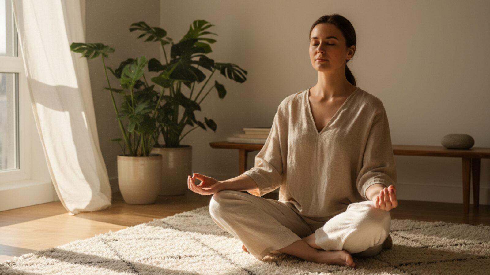 Woman sitting quietly with eyes closed practising breathwork to manage stress and mental health