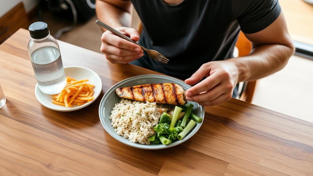 Athlete eating a balanced meal with carbohydrates protein and vegetables for energy and recovery