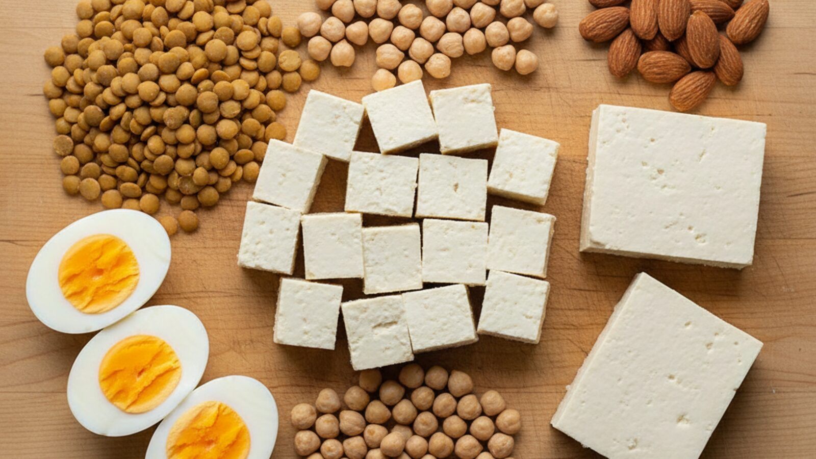 Variety of vegetarian protein foods including paneer, lentils, tofu and eggs