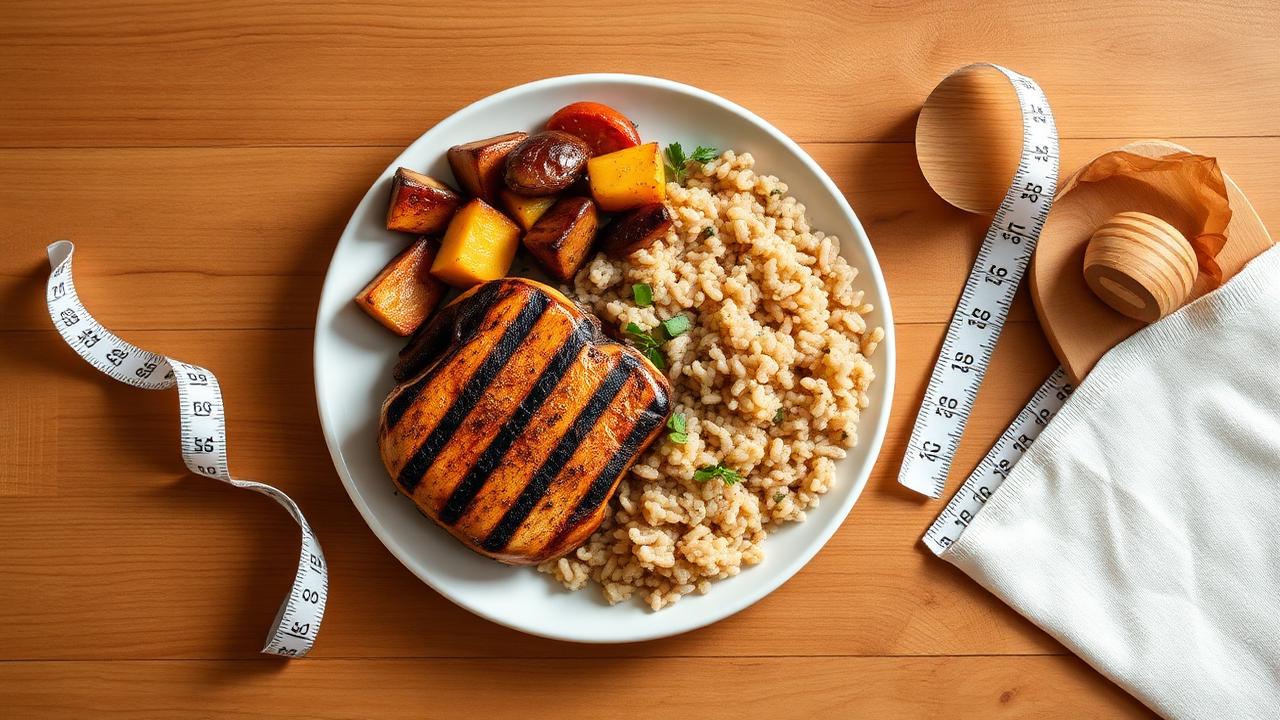 Person preparing a balanced plate of vegetables, lean protein and whole grains for sustainable fat loss
