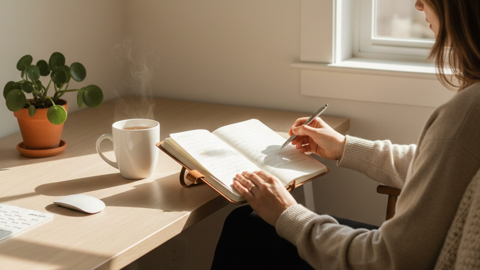 Person journaling in a calm sunlit corner for mental wellness