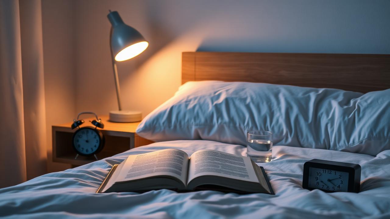 Calm bedroom with soft lighting books and a clock representing healthy sleep hygiene