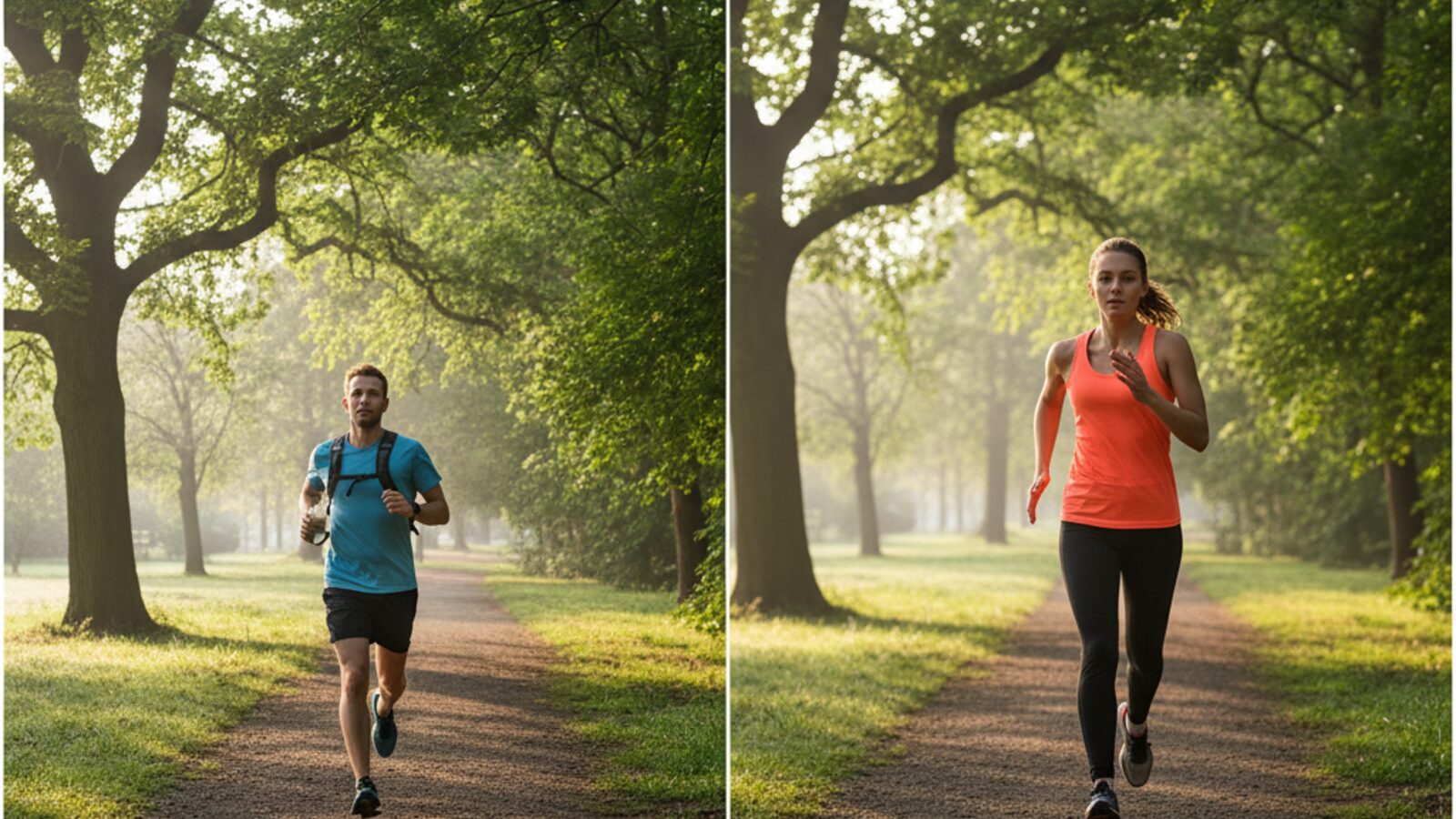 Split image showing a person walking and a person running on a park path